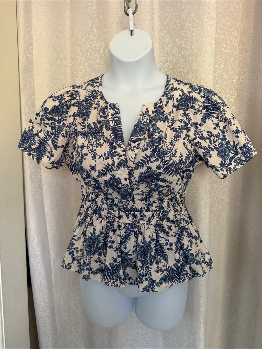 Anthropologie White Blouse with Blue Floral Print and Smocked Waist Sz: L
